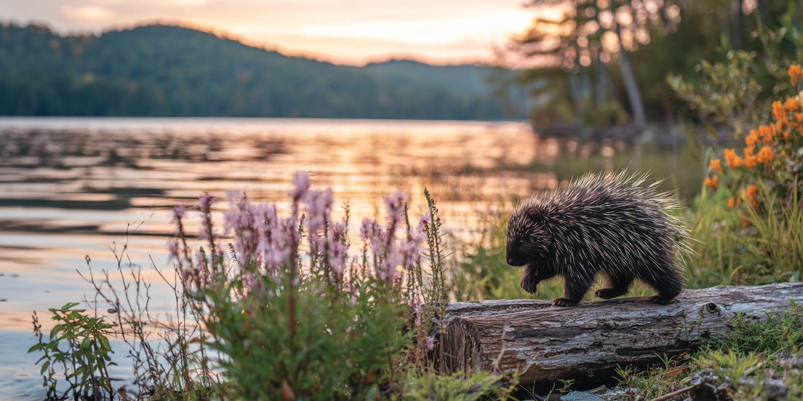 North American porcupine walking along a lakeshore at sunset.