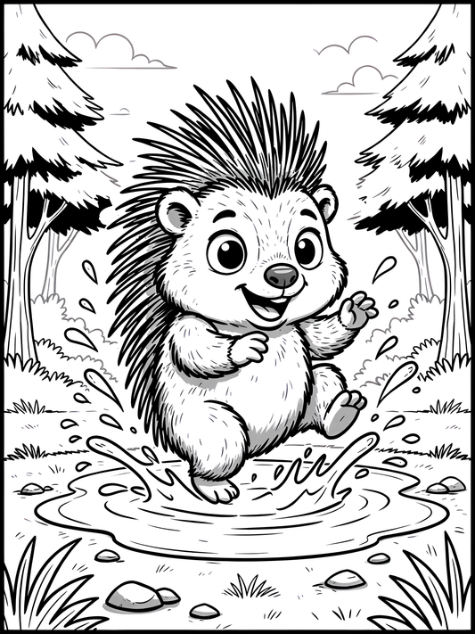 Baby Porcupine Splashing in Puddle