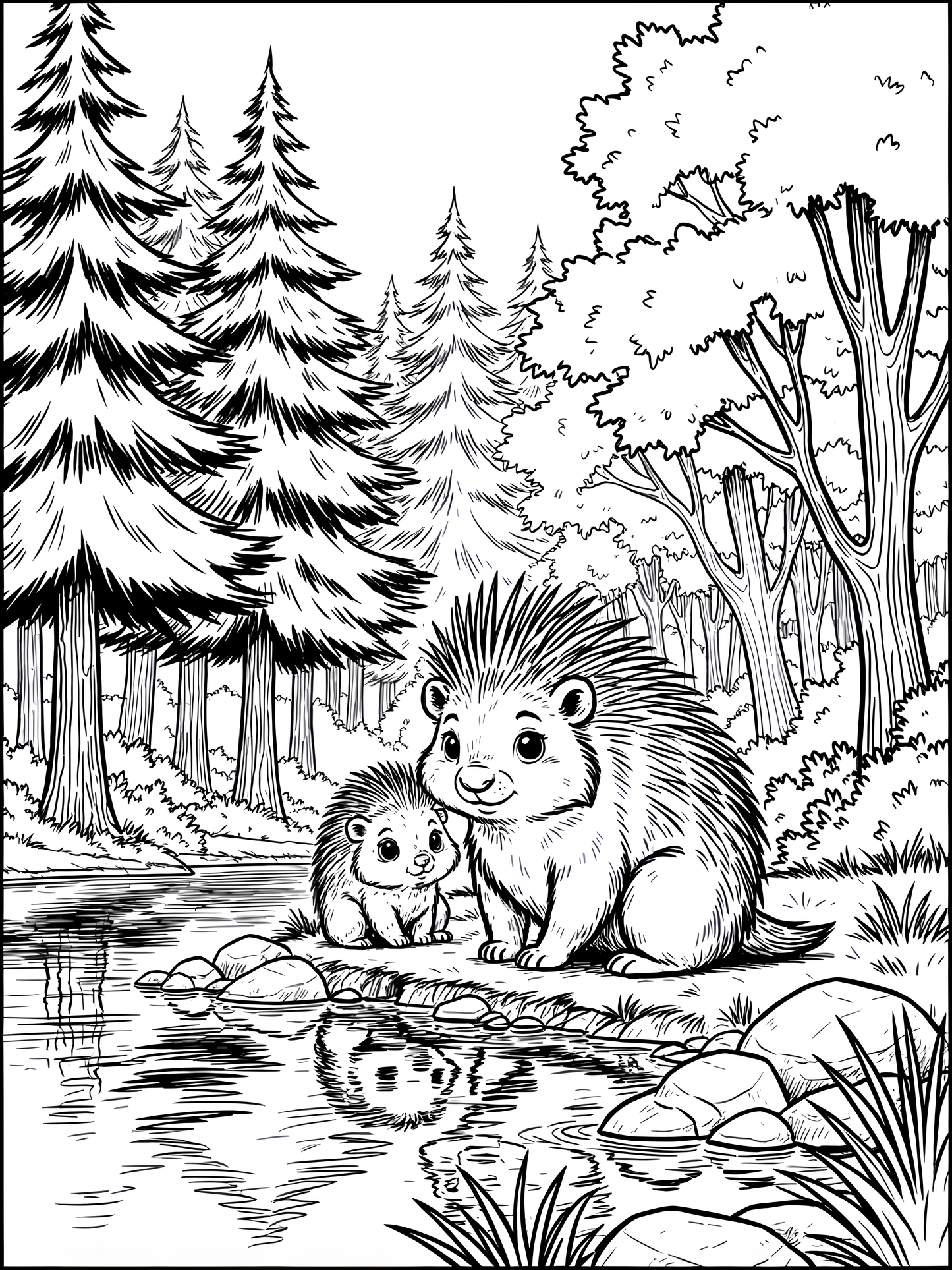 Mother and Baby Porcupine by the River
