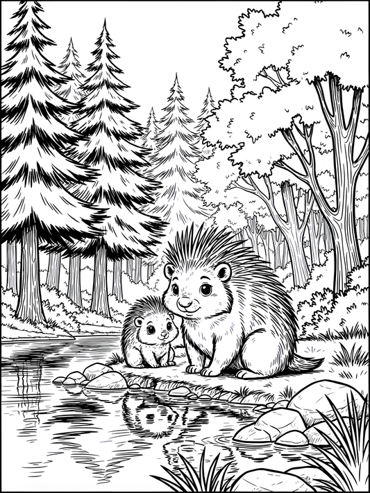 Mother and Baby Porcupine by the River