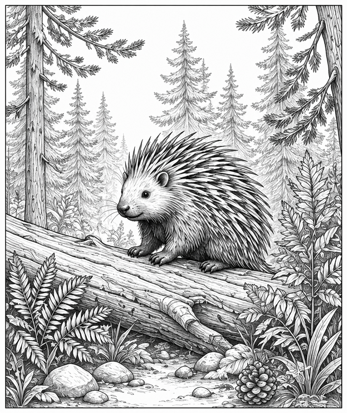 Porcupine on Fallen Tree