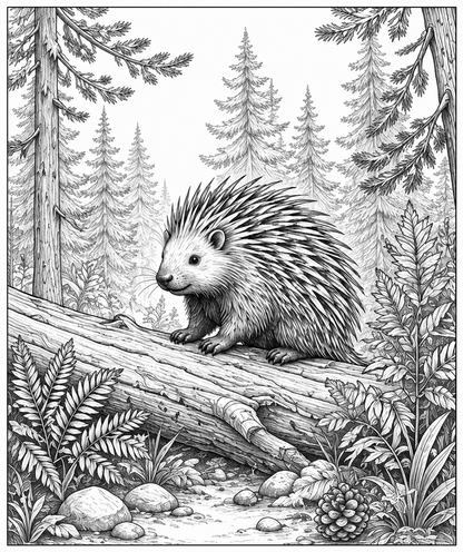 Porcupine on Fallen Tree