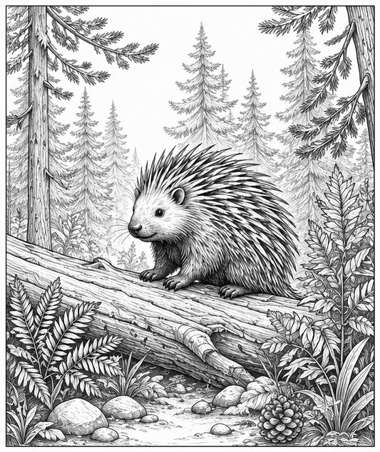 Porcupine on Fallen Tree