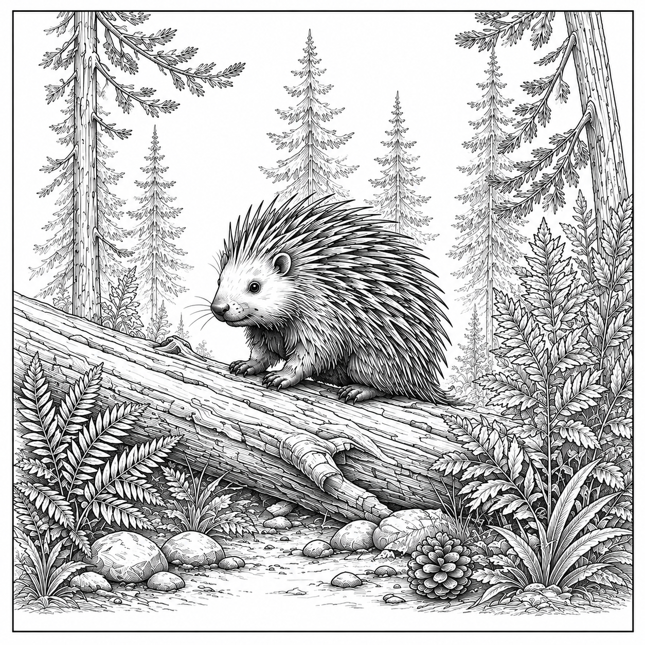 Porcupine on Fallen Tree