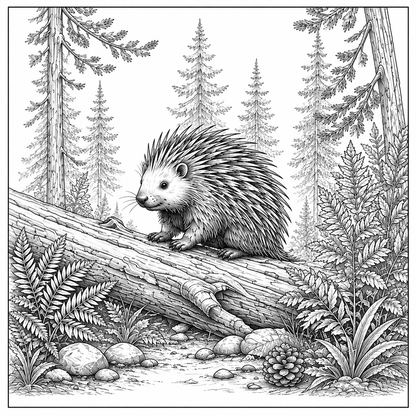 Porcupine on Fallen Tree
