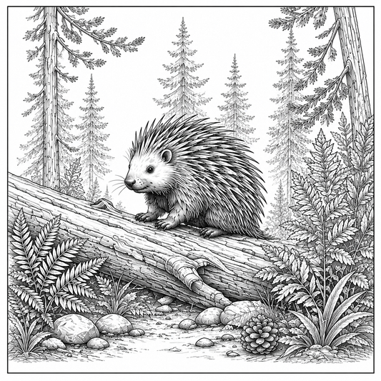 Porcupine on Fallen Tree